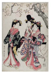 Trois courtisanes marchant sous un cerisier en fleurs. En costume de cour, vers 1790-1815 (gravure sur papier)