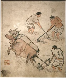 Scène de travail agricole. Peinture de Danwon (Kim Hongdo) (1745-1806), encre sur papier, art coréen, période Joseon (Choson) 18e siècle. Musée National de Corée, Séoul (Corée du Sud).