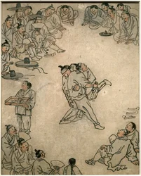 Scène de lutte traditionnelle, avec des spectateurs et un marchand de confiseries. Art coréen, période Joseon, XVIIIe siècle. Musée national de Corée, Séoul (Corée du Sud).