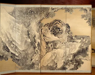 Écran à six volets représentant un tigre rugissant