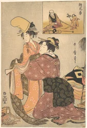 Une femme habillant une fille pour la danse kabuki « Musume Dōjōji », avec une « image sœur » (E-kyōdai) d