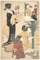 Une femme et un homme arrangent des fleurs pour le Tsukimi (fête de la lune)