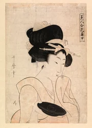 Courtisane tenant une tasse de saké, vers 1790-1806 (gravure en couleur)