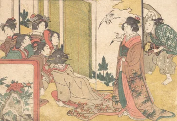 Filles diverties par des artistes, du livre illustré Fleurs des quatre saisons