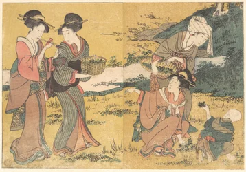 « Des filles cueillant des feuilles vertes », tiré du livre illustré *Les fleurs des quatre saisons*