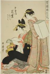 Hanamurasaki du Tamaya, (kamuro:) Shirabe, Teriha, Fleurs de la série Neige, Lune et Fleurs à Yoshiwara (Seiro setsugekka)