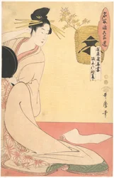 « Hanazuma de Hyōgoya, Kenbishi de Sakagami » de la série « Les pairs du saké comparés à des habitants choisis de six maisons » (Natori zake rokkasen: Hyōgoya Hanazuma, Sakagami no Kenbishi)