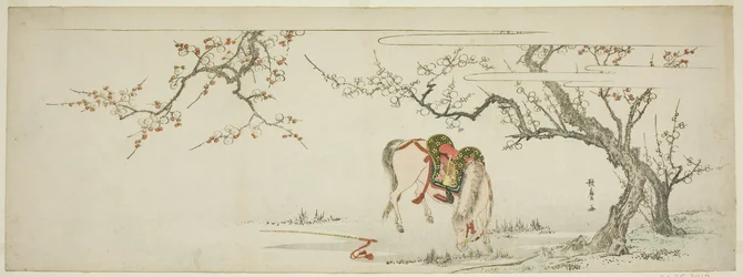Cheval sous un prunier en fleurs