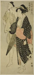 Mari et femme surpris par une averse du soir (Fufu no Yudachi), de la série "Trois plaisirs du soir du monde flottant" ("Ukiyo San Seki")