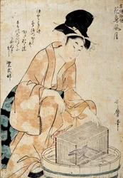 Art japonais : femme assise devant une cage à oiseaux