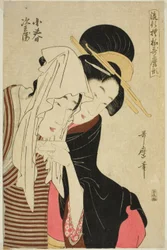 Koharu et Jihei, de la série "Motifs à la mode dans le style Utamaro (Ryuko moyo Utamaro-gata)"