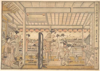 Vue des logements temporaires du nouveau quartier de plaisir de Yoshiwara à Ryōgoku (Shin Yoshiwara Karitaku Ryogoku no zu)