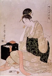 Couture, série des travaux manuels féminins : une couturière coupant le fil avec les dents. Estampe japonaise d
