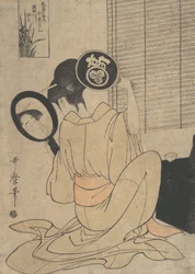 Takashima Ohisa utilisant deux miroirs pour observer sa coiffure, vers 1795