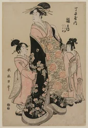 La courtisane Hinazuru de Chojiya avec ses assistantes Tsuruji et Tsuruno, vers 1794