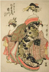 La courtisane Ichikawa du Matsubaya à Edo-machi Itchome, avec ses enfants assistants Tamamo et Mitsumo