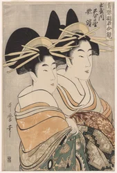 Les courtisanes Kasugano et Utahama de Tamaya de la série Courtisanes des quartiers de plaisir en doubles miroirs