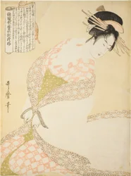 Le Manteau blanc, de la série "Nouveaux motifs de brocart tissés dans le style Utamaro (Nishiki-ori Utamaro-gata-moyo)"