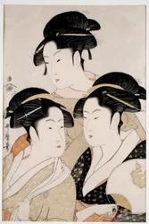 Trois beautés de notre temps. Estampe japonaise par Utamaro Kitagawa (1753-1806) style Ukiyo-E, vers 1794. Paris, Musée Guimet