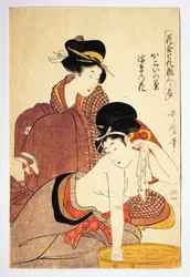 Femme se lavant, vers 1803, illustration de Kitagawa Utamaro, extrait de Hana Awase Kesho Kurabe, Aiban-tate-e, civilisation japonaise, période Edo