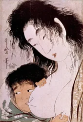 Yamauba et Kintaro : la tétée. Estampe japonaise d