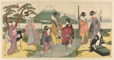 Jeune homme et son groupe traversant un ruisseau avant le Mont Fuji