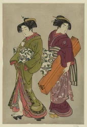 Kitao Shigemasa (1777) Geisha et servante portant sa boîte à shamisen