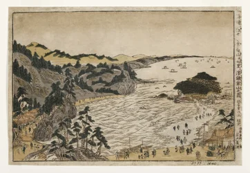 Vue de la colline de la tortue dorée à Enoshima et de la plage de Shichiri depuis les montagnes de Kamakura, 1783-90