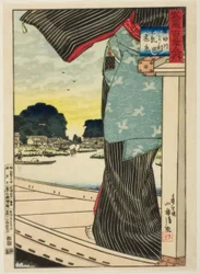 Vue lointaine de la colline Matsuchi depuis la rivière Sumida (Sumidagawa yori Matsuchiyama enkei) de la série “Cent vues de la province de Musashi (Musashi hyakkei no uchi)"
