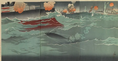 Notre torpille frappe un navire de guerre russe lors de la grande bataille navale de Port Arthur, époque Meiji