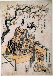 Art japonais : un musicien donne une leçon de flûte à une jeune femme