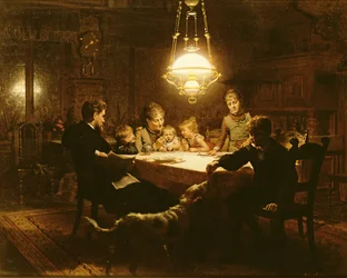 Dîner en famille à la lumière de la lampe, 19ème siècle