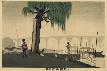 Vue lointaine de Ryōgoku depuis le pont Motoyanagi