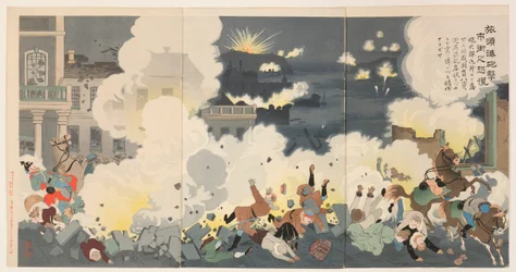 Panique dans les rues de la ville pendant le bombardement de Port Arthur