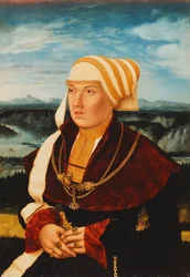 Portrait de Dorothea von Stralenburg, âgée de 26 ans, trois-quarts longueur, en robe rouge et noire avec des ornements dorés, devant un paysage étendu, 1533