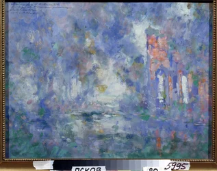 Projet de décor pour le ballet Le Lac des cygnes de Piotr Ilitch Tchaïkovski. Œuvre de Konstantin Korovin, tempera sur carton
