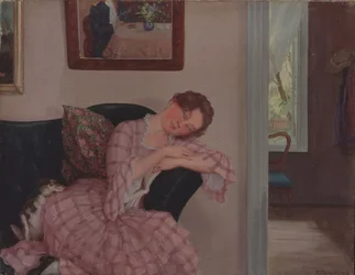 Une dame endormie en rose