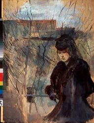 Printemps. Une femme vêtue de noir, l