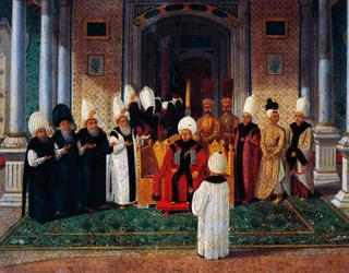 Selim III (1761-1808) recevant des dignitaires sous le dais de la Porte de la Félicité à Topkapi (détail)