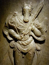 Ornement funéraire, cheval du zodiaque en agalmatolite, VIIIe siècle, période des Royaumes du Nord et du Sud, Corée. Photographie, Musée national de Corée, Séoul, République de Corée