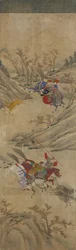 Scène de chasse (3 cavaliers et 2 sangliers)