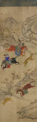 Scène de chasse (3 cavaliers chassant le cerf et le tigre)