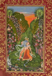 Radha et Krishna marchent dans un bosquet fleuri (recto), Krishna jouant de la flûte (verso), vers 1720 (recto), vers 1750-75 (verso)