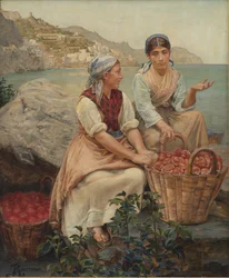 Jeunes filles italiennes avec des tomates dans des paniers