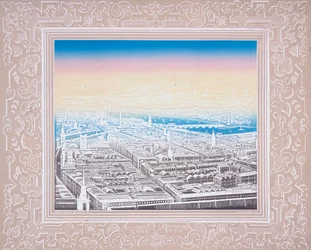Vue aérienne de Londres encadrée dans une bordure décorative, vers 1845