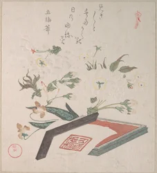 Fleurs de cerisier et boîte à sceaux avec encre et règle