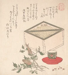 Petits pois verts dans une mesure et branches de rose trémière avec têtes de sardines..., 19e siècle