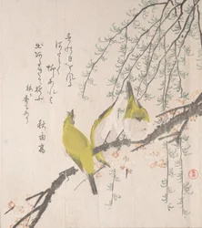 Mésanges japonaises avec prunier et saule..., vers 1810