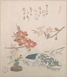 Fleurs de pêcher, un sceau et une boîte à sceau