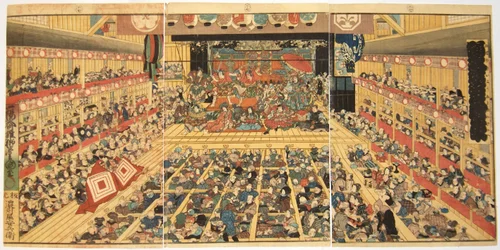 Intérieur du théâtre avec performance de Shibaraku, 1858